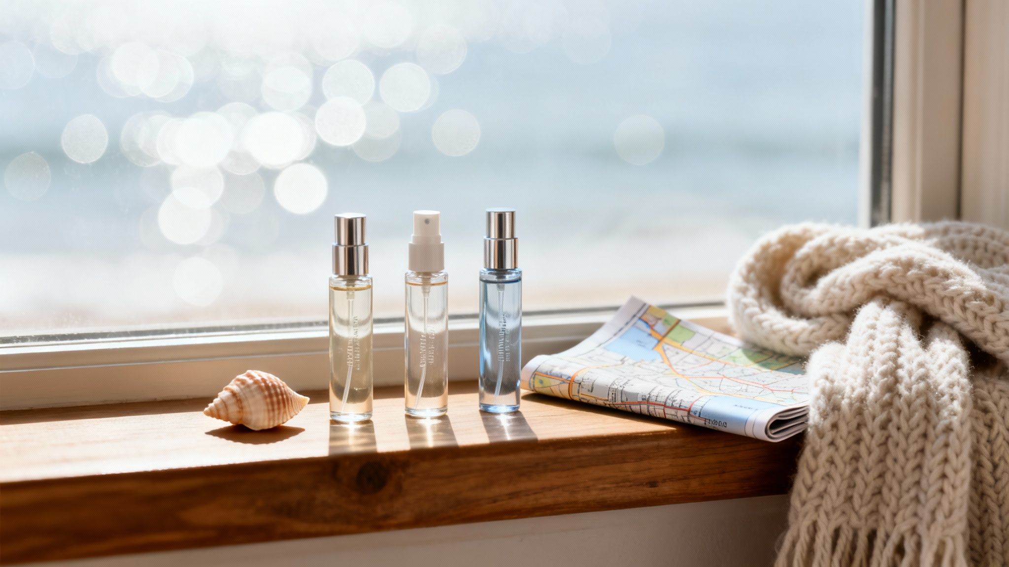 Travel-size fragrance bottles, a seashell, map, and scarf on a windowsill with a sparkling ocean view.