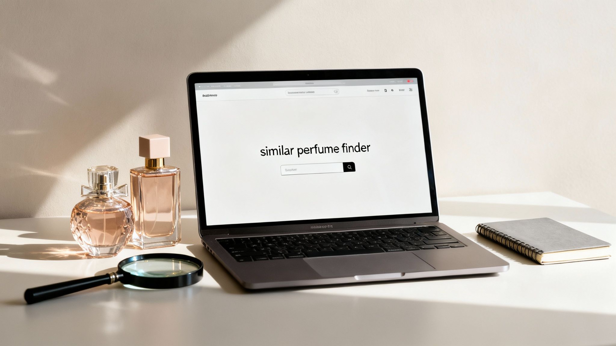 A laptop displaying a 'similar perfume finder' website, with perfume bottles and a magnifying glass nearby.