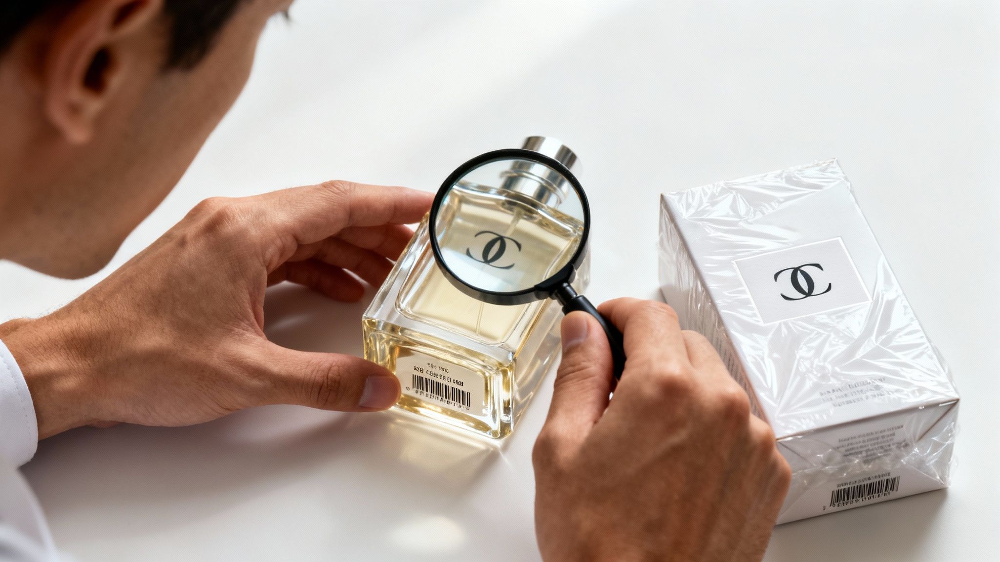A person uses a magnifying glass to inspect a Chanel perfume bottle and its box, checking details.