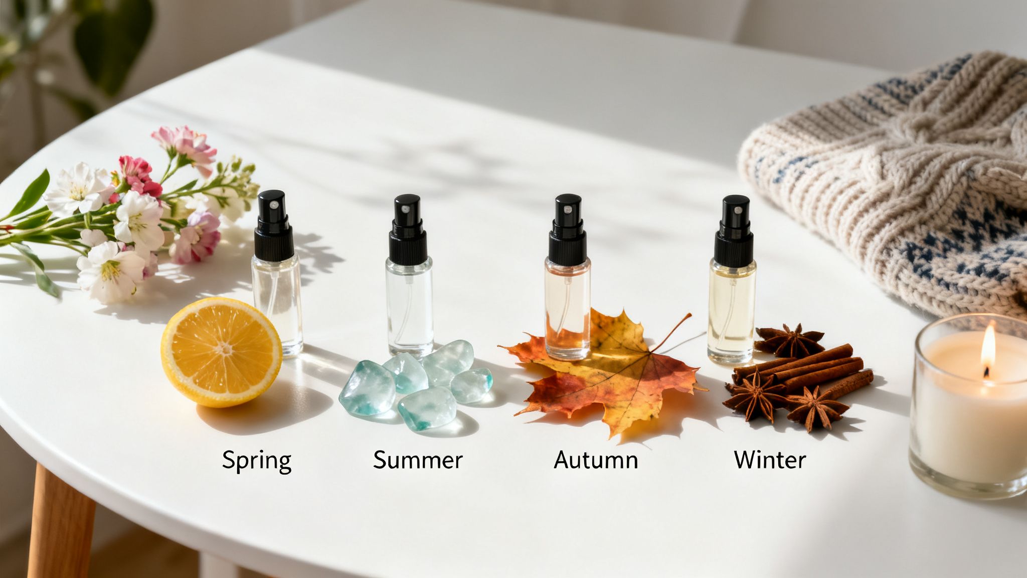 Four perfume bottles with seasonal ingredients: flowers for spring, pebbles for summer, leaves for autumn, and spices for winter.