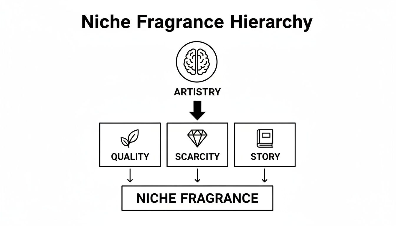 Diagram illustrating the Niche Fragrance Hierarchy, linking artistry to quality, scarcity, and story.