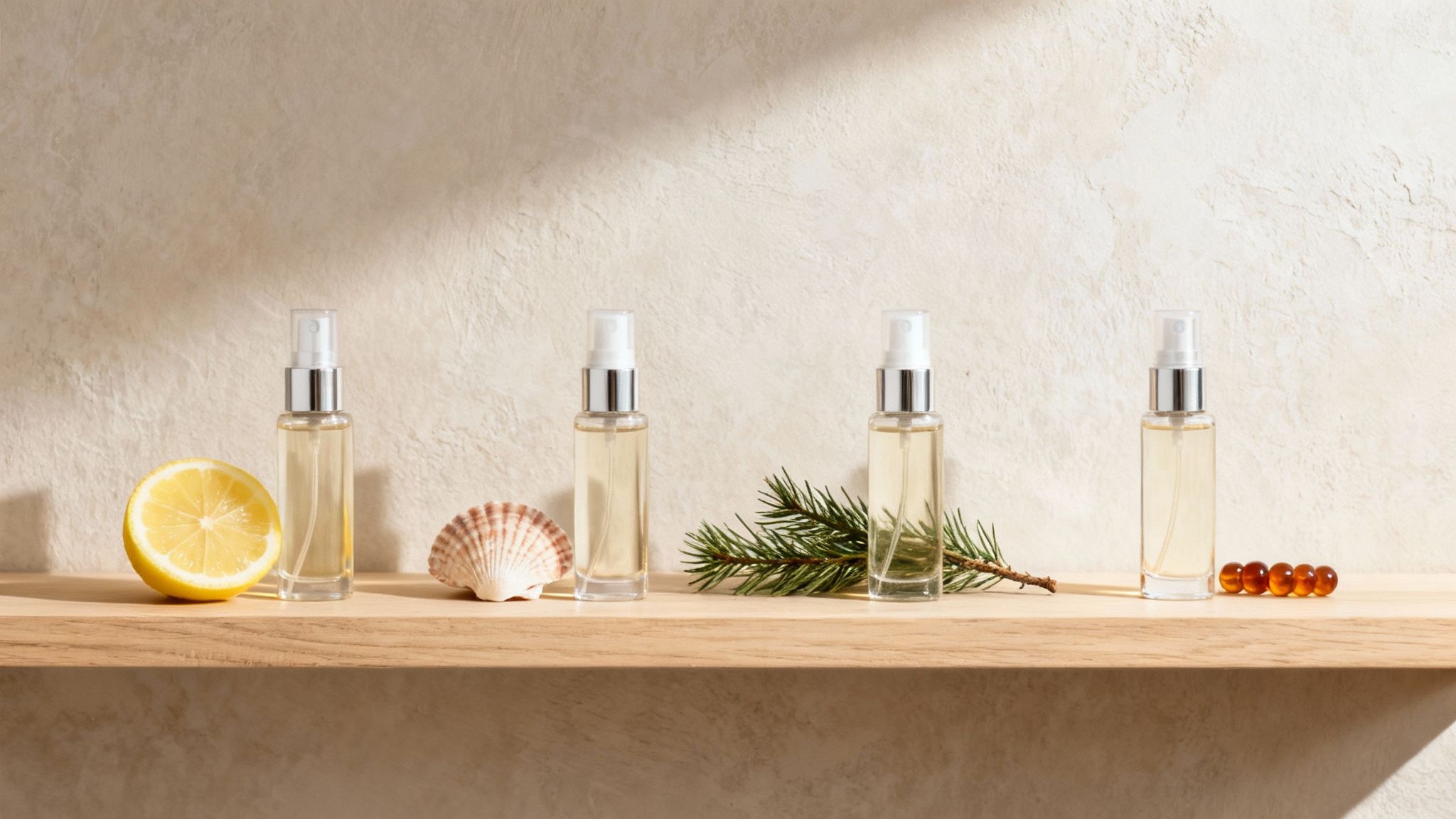 Four spray bottles with natural ingredients like lemon, shell, and pine branch on a wooden shelf.