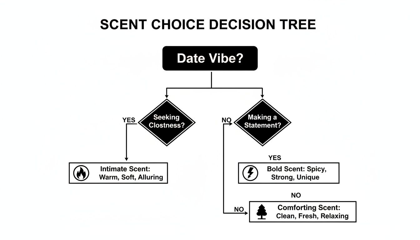 A scent choice decision tree flowchart for date vibes, guiding to intimate, bold, or comforting fragrances.