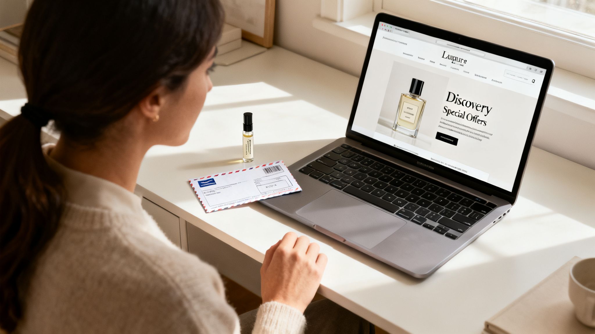 A person looking at a laptop displaying a fragrance website, with a cologne sample and an airmail envelope on the desk.