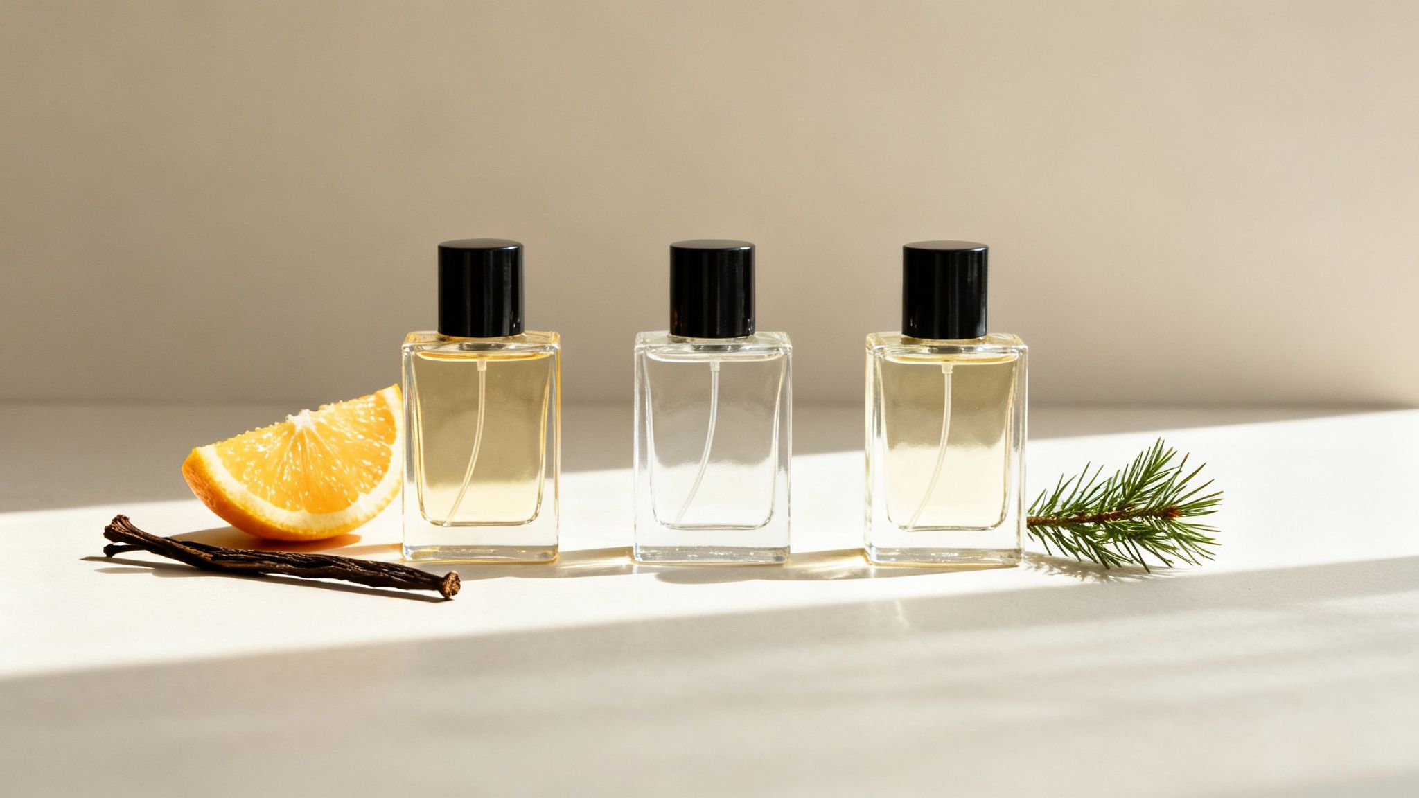 Three elegant perfume bottles with natural ingredients like orange, vanilla, and pine branches.