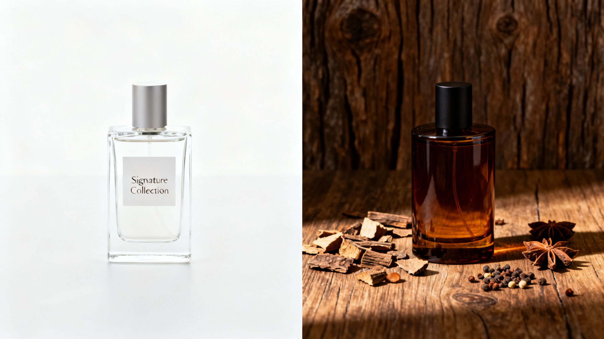 Two distinct perfume bottles, one clear on white background, the other amber on wood with spices.