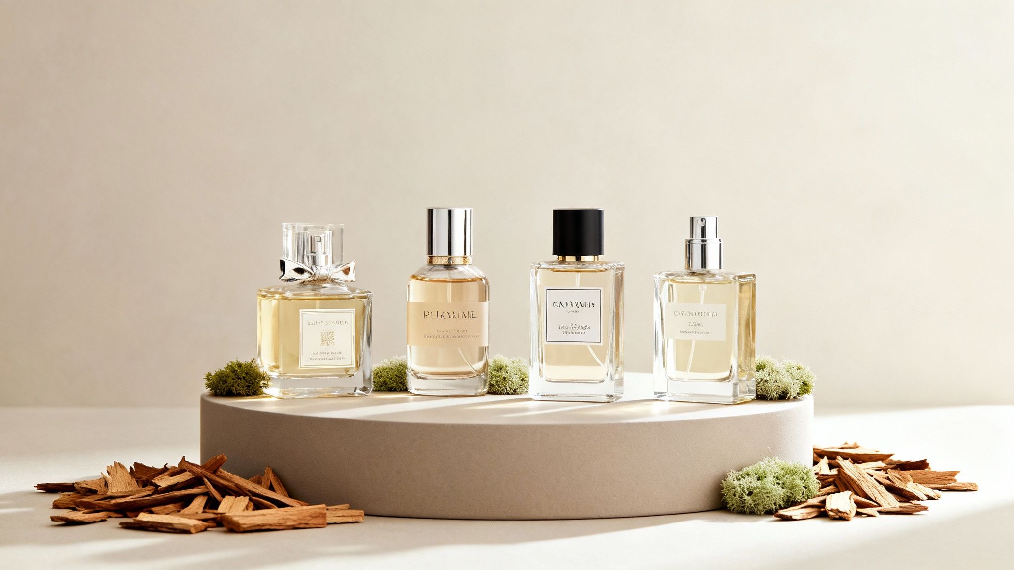 Four elegant perfume bottles displayed with natural wood chips and moss, suggesting a woody fragrance.