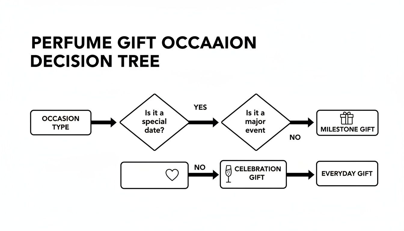 Perfume gift occasion decision tree, classifying gifts into milestone, celebration, and everyday categories.