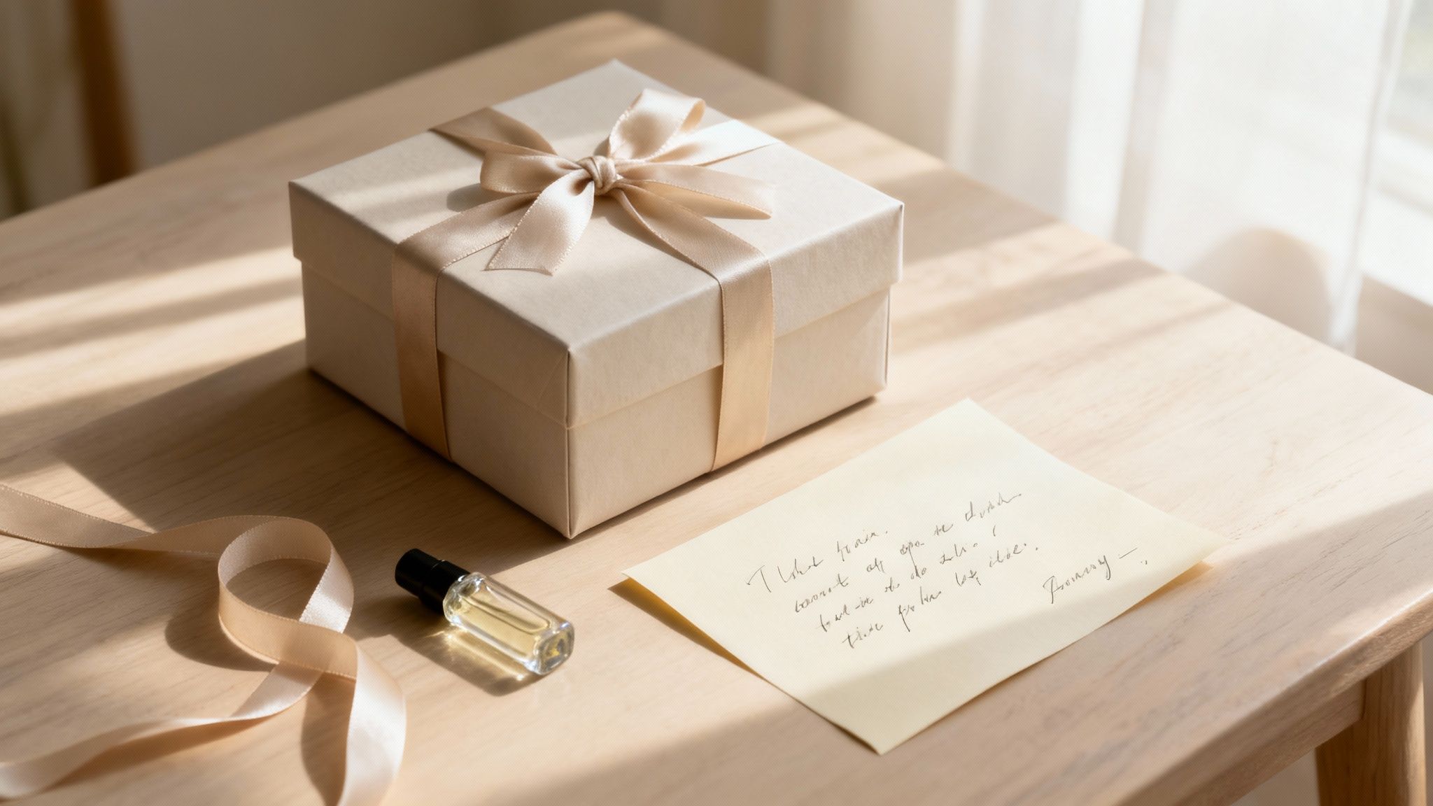 A beautifully wrapped gift box with a satin ribbon, a perfume bottle, and a handwritten note on a wooden table.