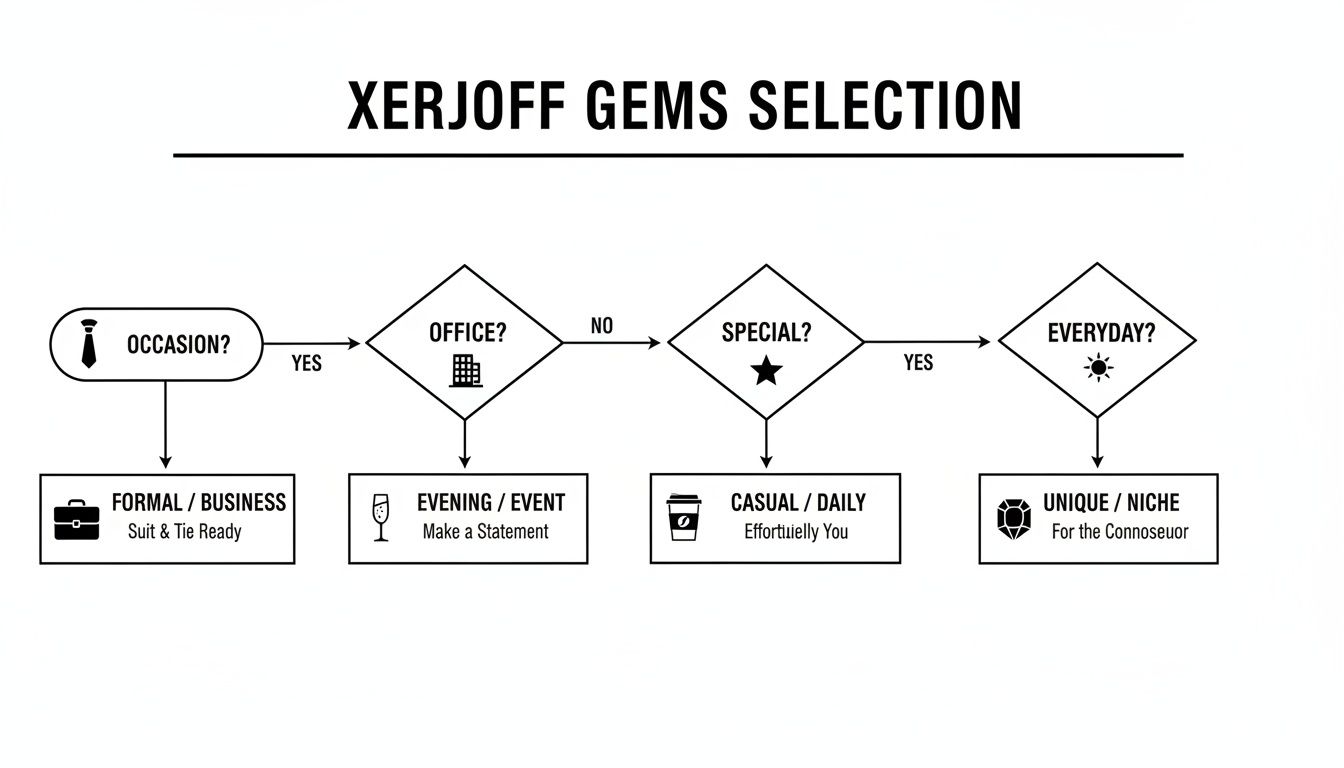 Flowchart for Xerjoff Gems fragrance selection, guiding users to choose scents for formal, evening, casual, or niche occasions.