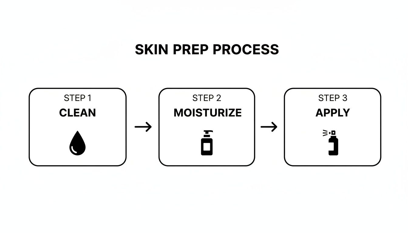 Diagram illustrating a 3-step skin prep process: clean, moisturize, and apply, with respective icons.