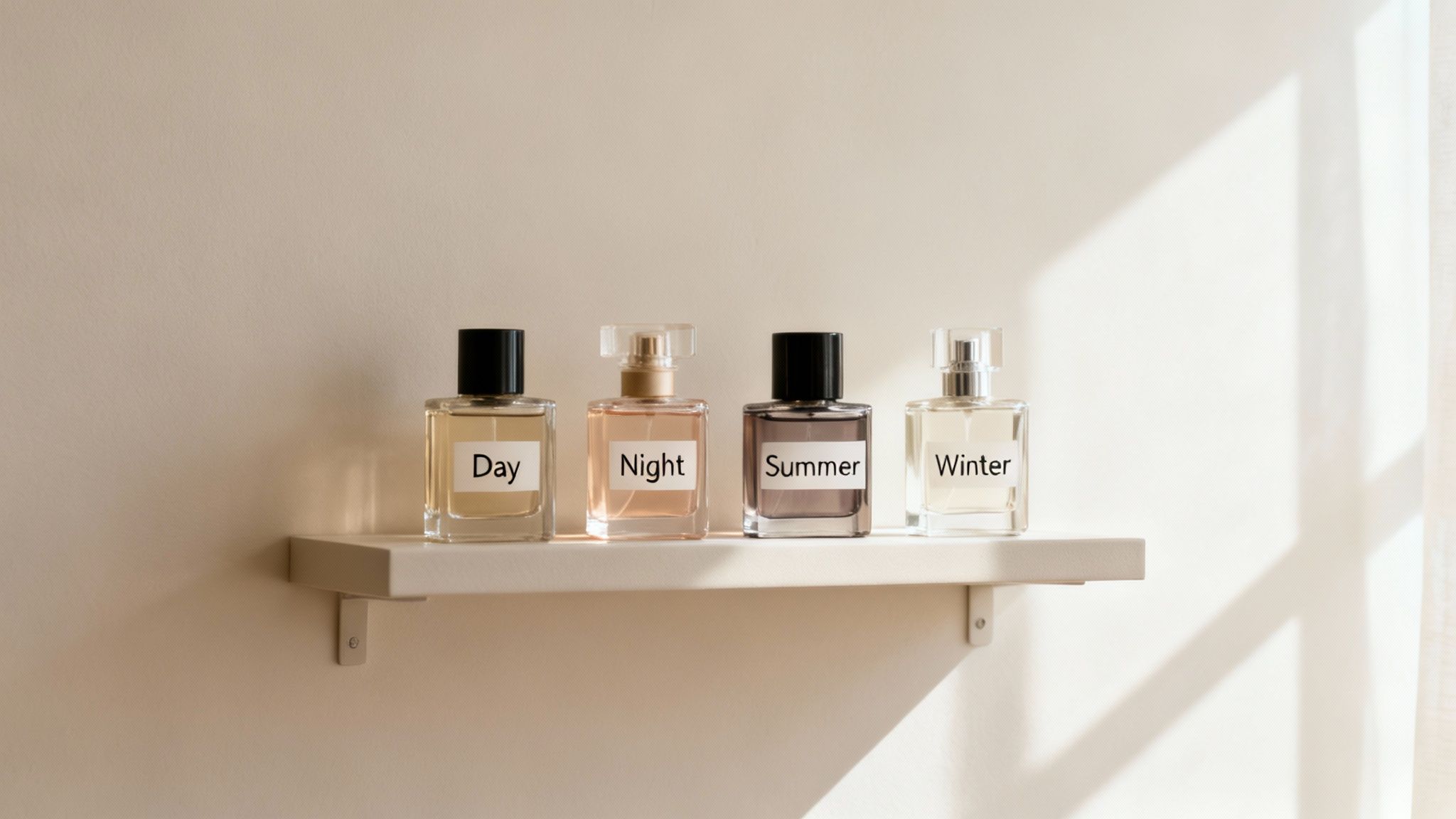 Four perfume bottles labeled Day, Night, Summer, and Winter on a light shelf.