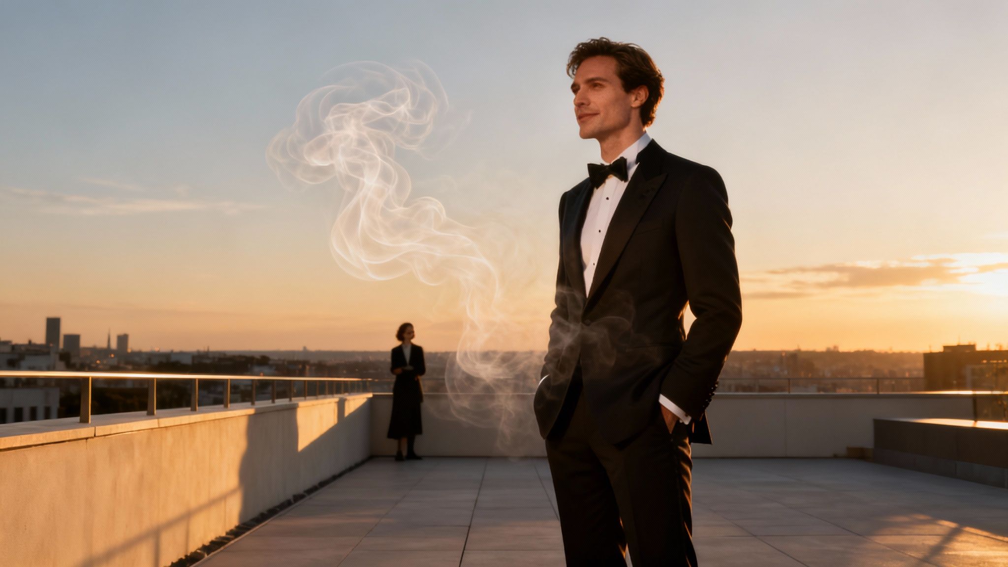 A dapper man in a black tuxedo stands on a rooftop at golden hour with smoke.