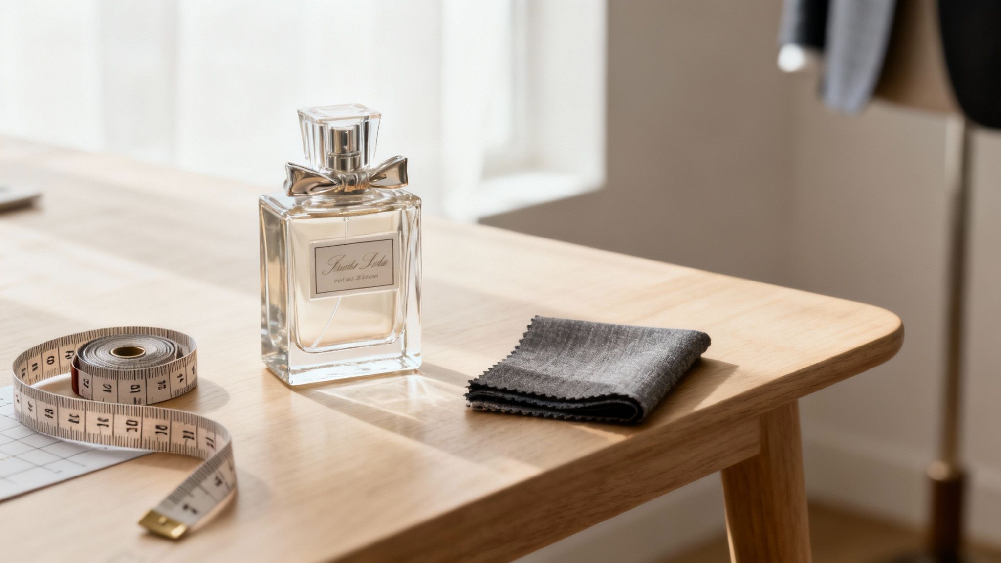 A perfume bottle, a measuring tape, and a small gray cloth on a light wooden table.