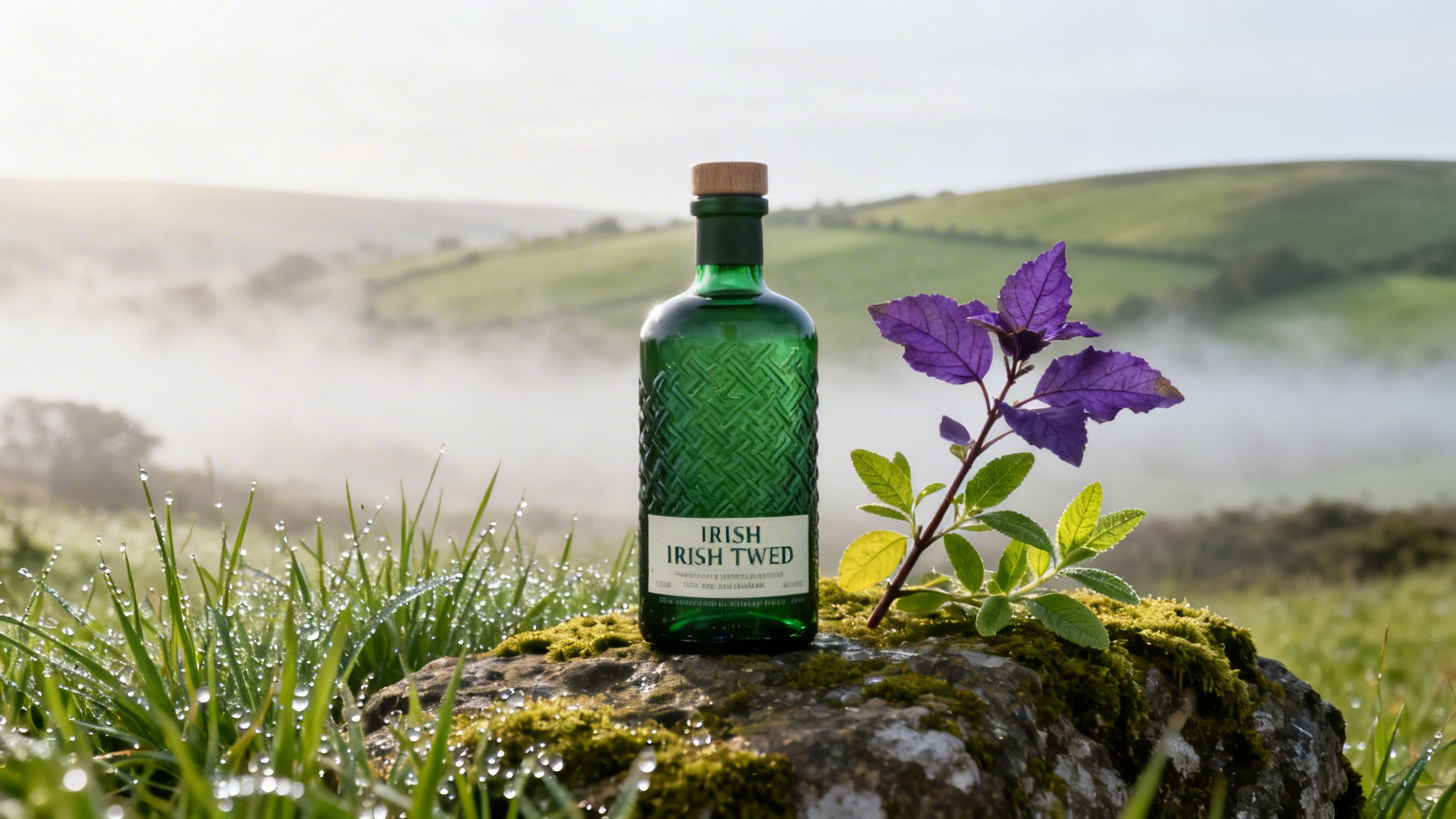 Irish Twed bottle on a mossy rock with purple leaves, dewy grass, and foggy green hills.