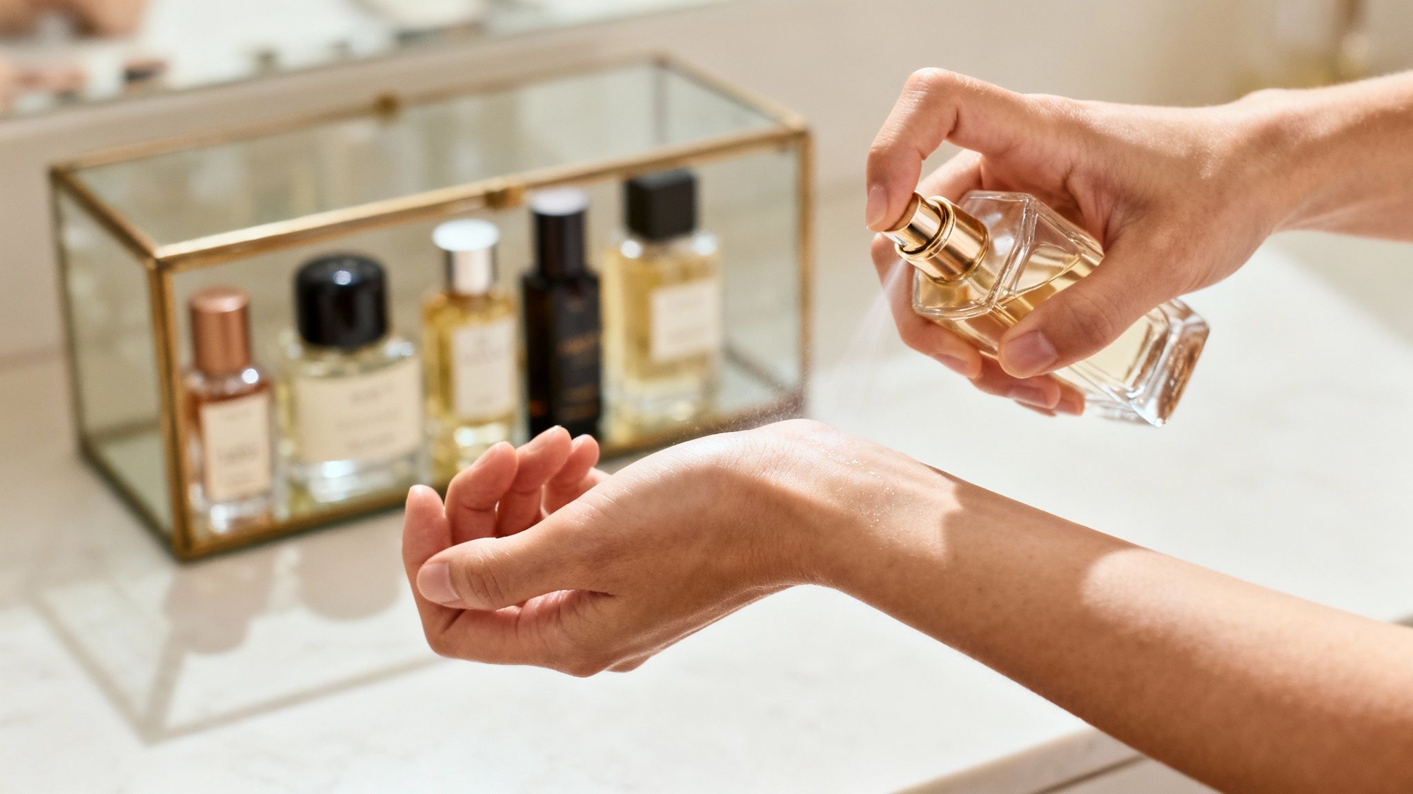 Hands spraying a luxurious perfume onto skin, with fancy fragrance bottles displayed nearby.