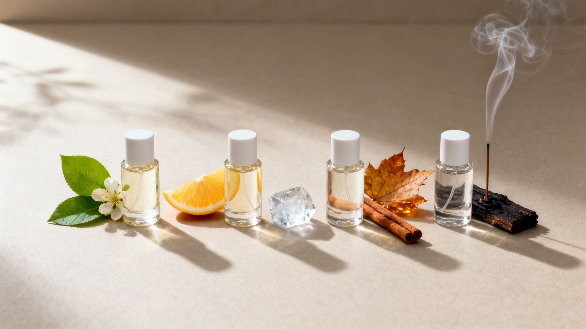 Four small perfume bottles with various natural elements representing different fragrance notes.