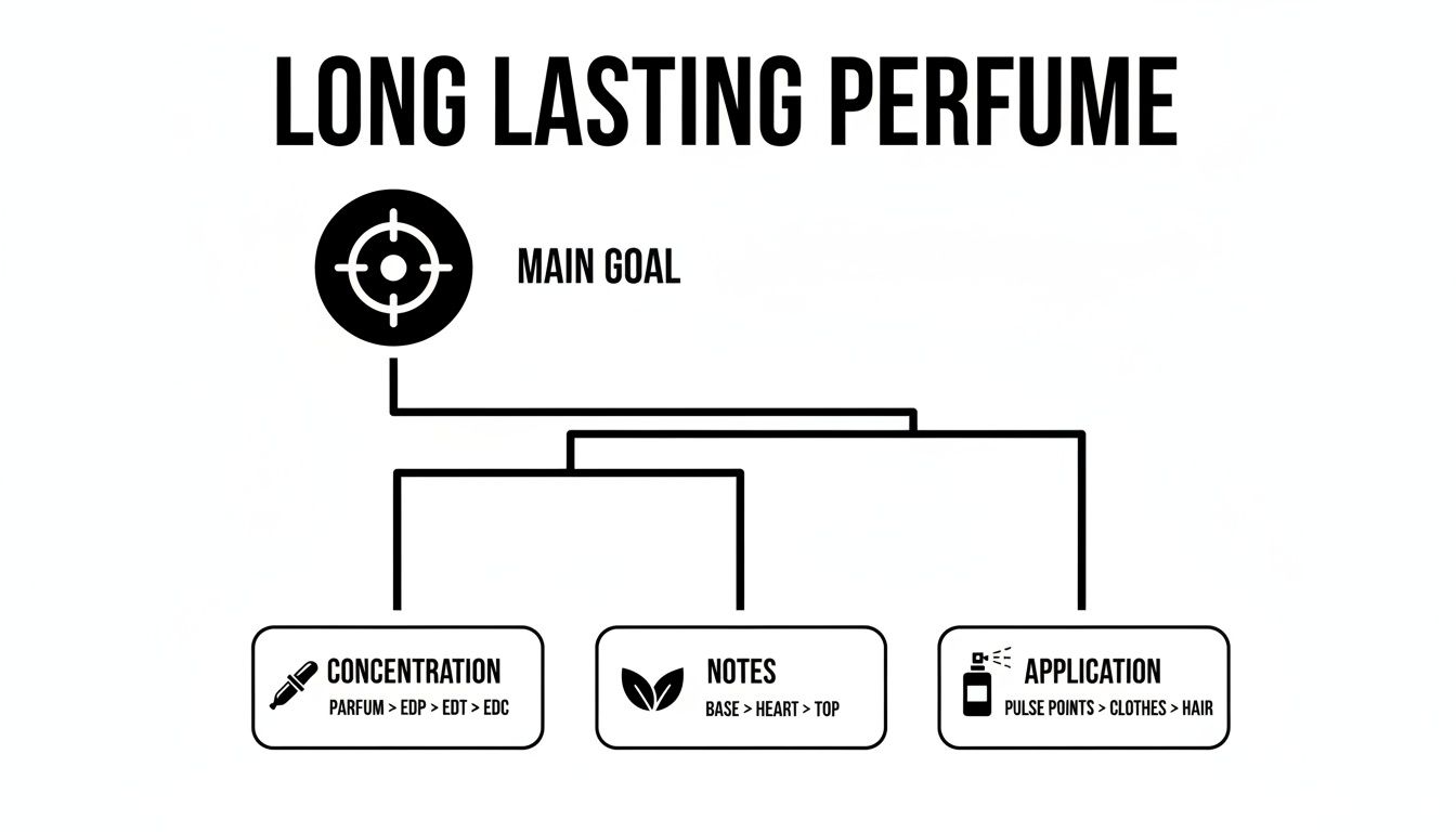 Flowchart illustrating key factors for long-lasting perfume: concentration, notes, and application methods.