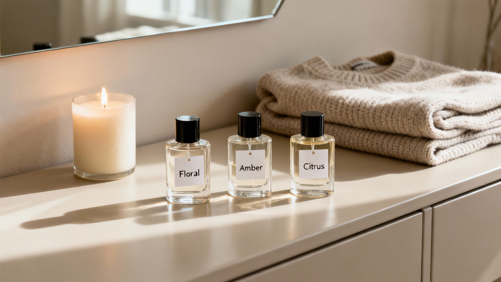 Three perfume bottles (Floral, Amber, Citrus) with a lit candle and folded sweaters on a dresser.