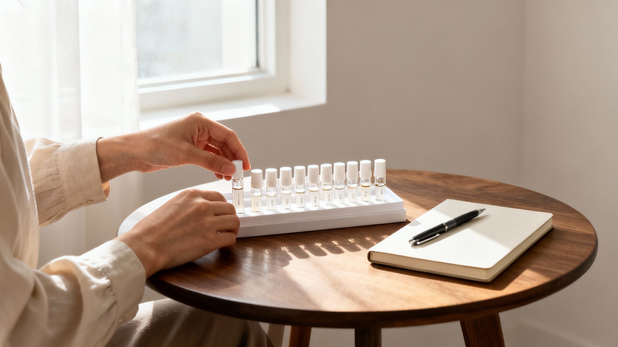 Hands organizing small perfume sample bottles on a wooden table with a notebook and pen.