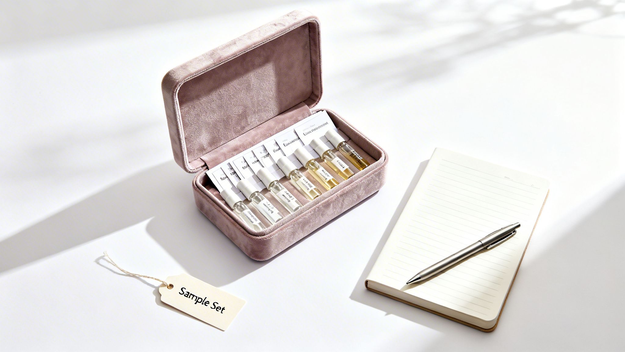 An open pink velvet case displays perfume samples next to a notebook, pen, and 'Sample Set' tag.