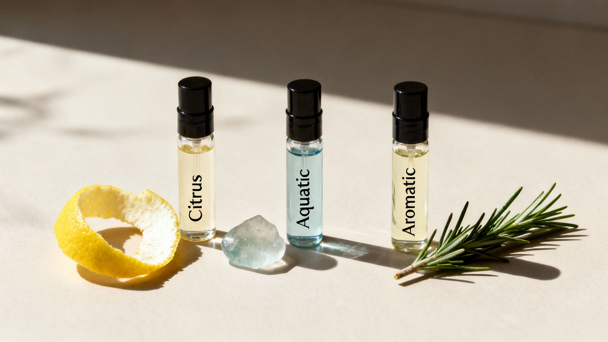 Three fragrance bottles labeled Citrus, Aquatic, Aromatic, with lemon peel, stone, and rosemary.