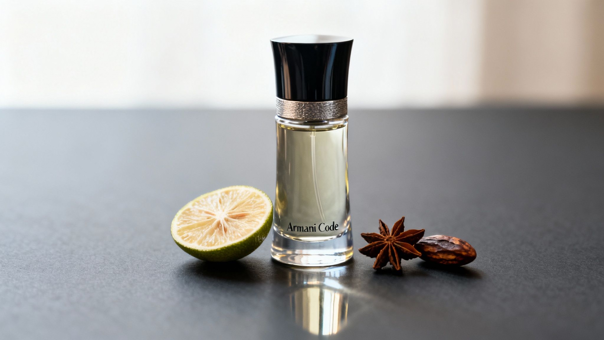 Armani Code perfume bottle with lime, star anise, and cocoa bean on a dark surface.