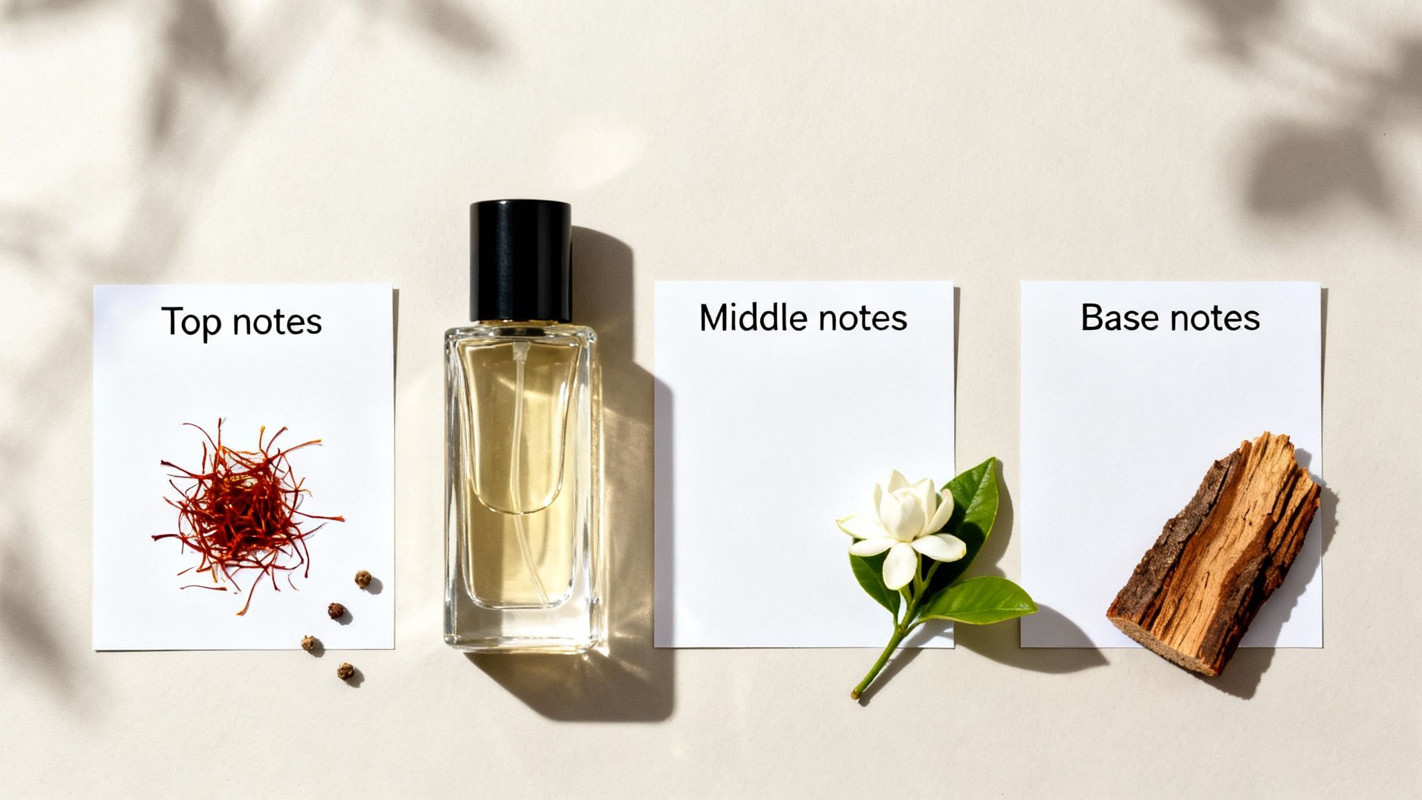 Flat lay of a perfume bottle with cards showing saffron, jasmine, and wood as top, middle, and base notes.