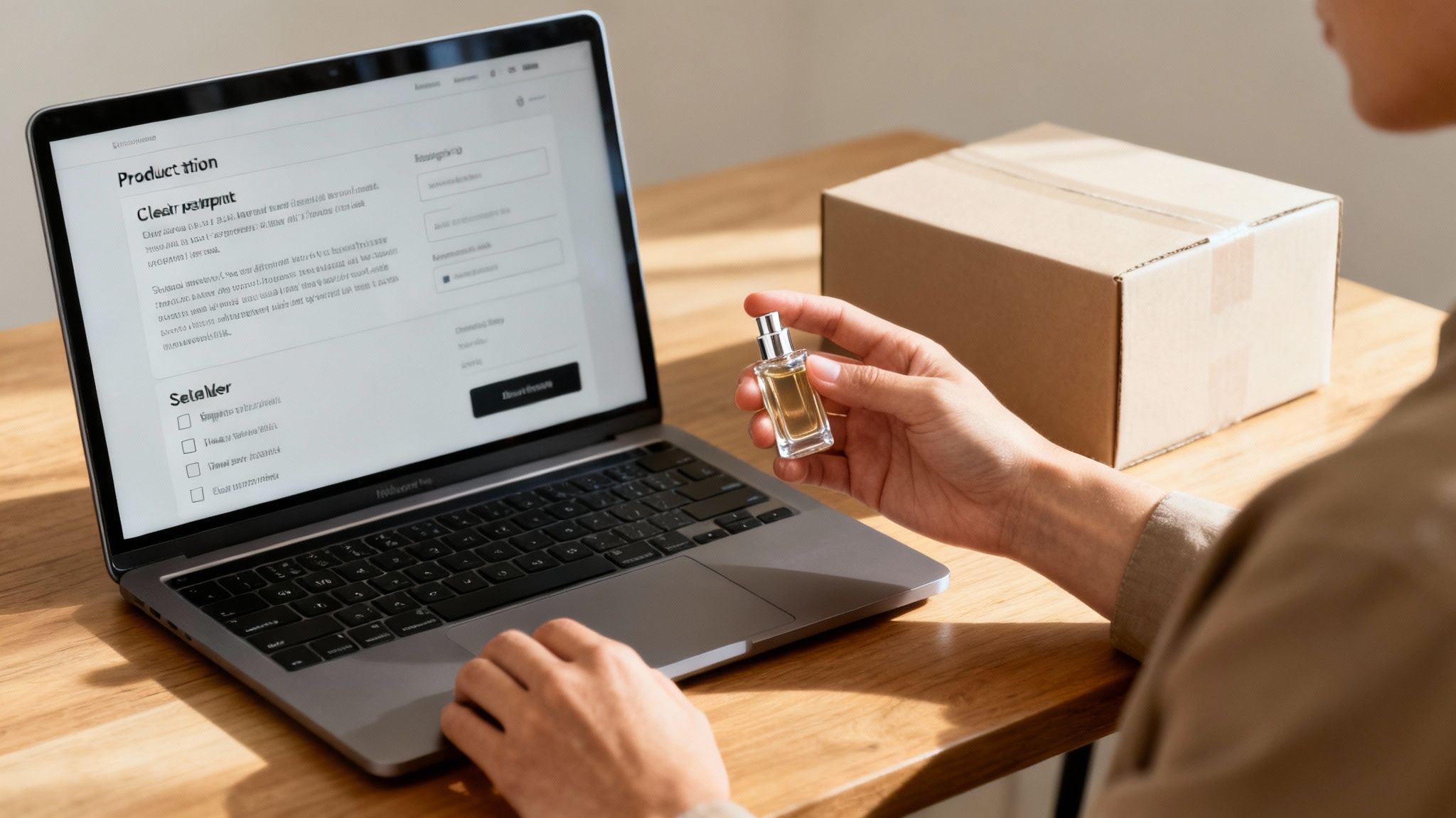 A person holds a luxury fragrance sample while listing product details on a laptop.