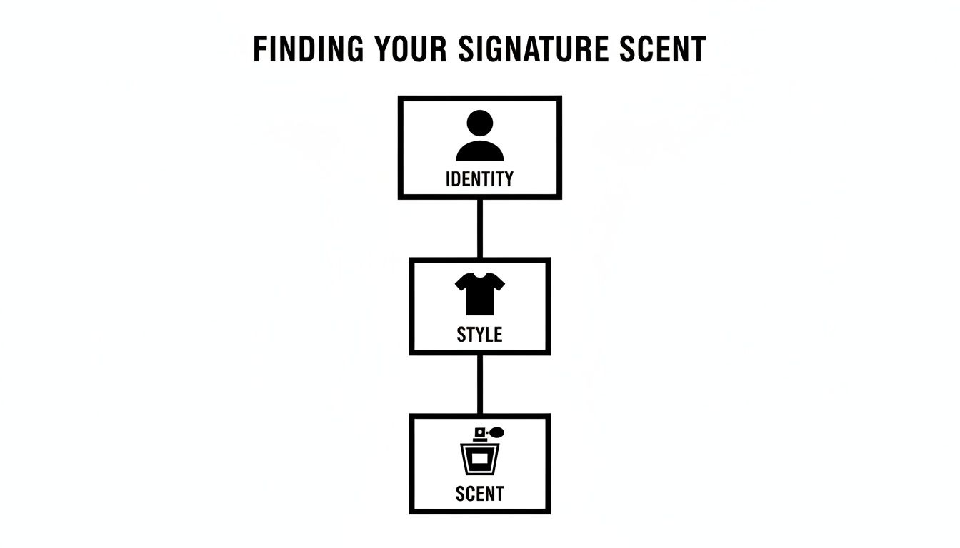 Flowchart illustrating how to find a signature scent, starting with identity, then style, and finally scent.