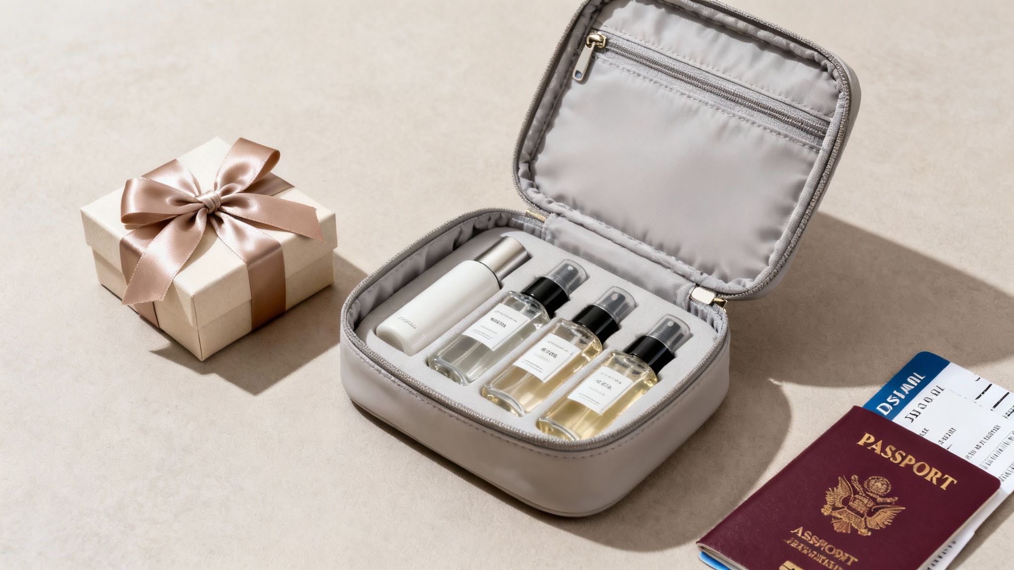 A gift box, a grey travel bag with perfume sample bottles, a passport, and a boarding pass.
