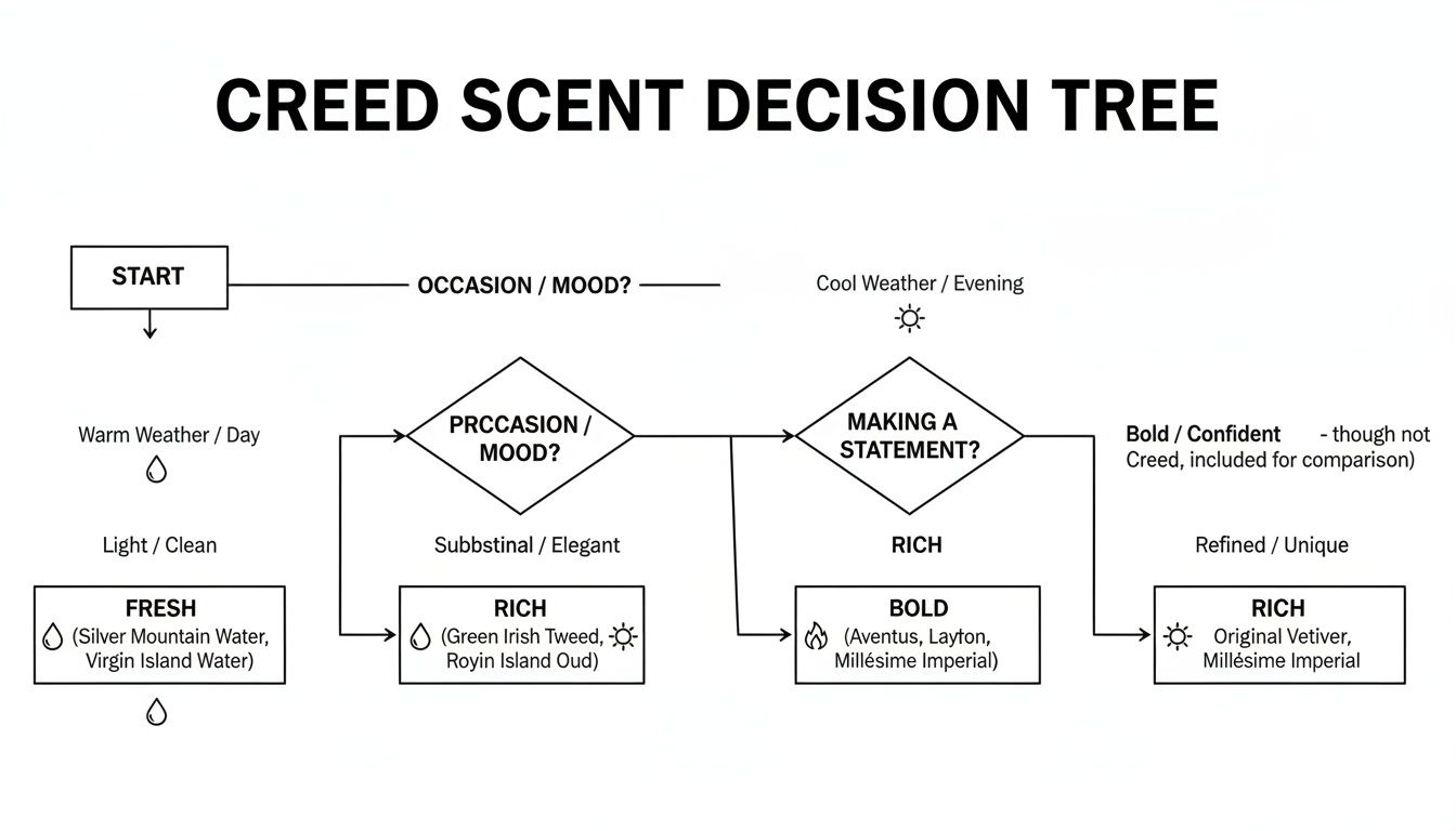 Flowchart guiding Creed fragrance selection based on occasion, mood, and weather, categorizing scents.