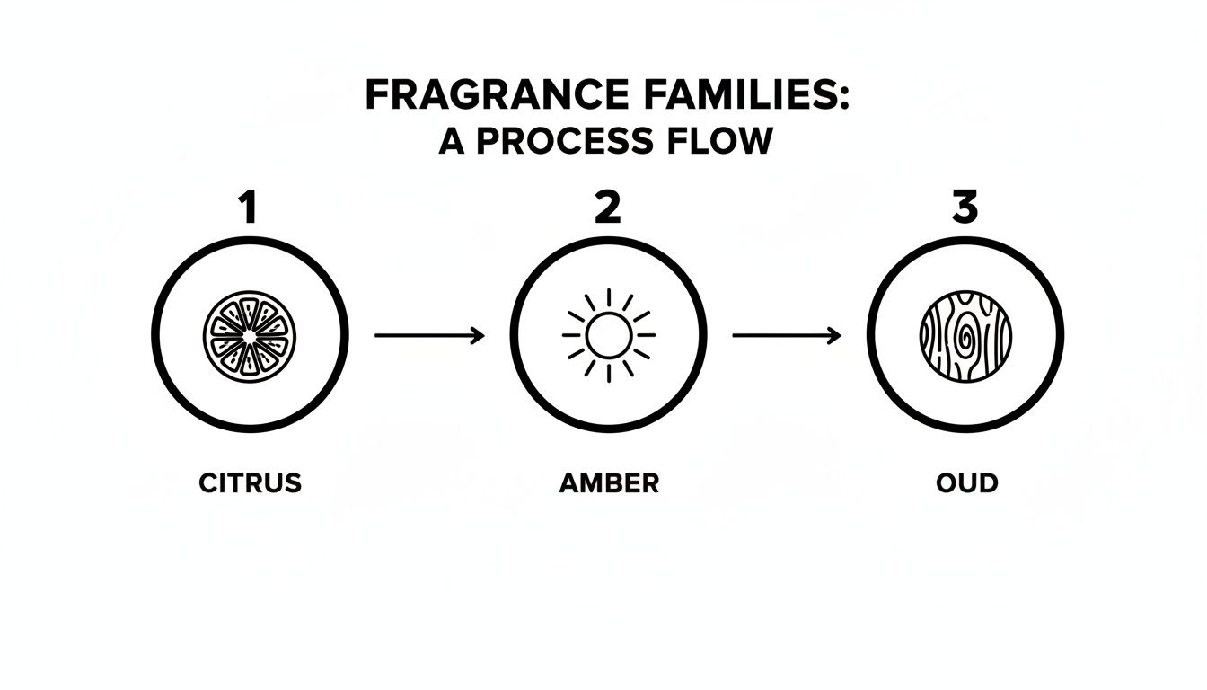A diagram showing a fragrance families process flow from Citrus, to Amber, to Oud.