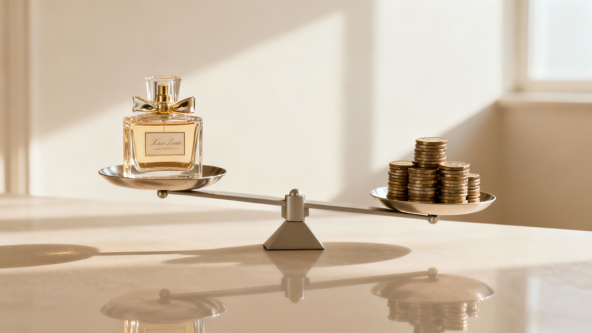 A scale balancing a luxury perfume bottle against stacks of golden coins.