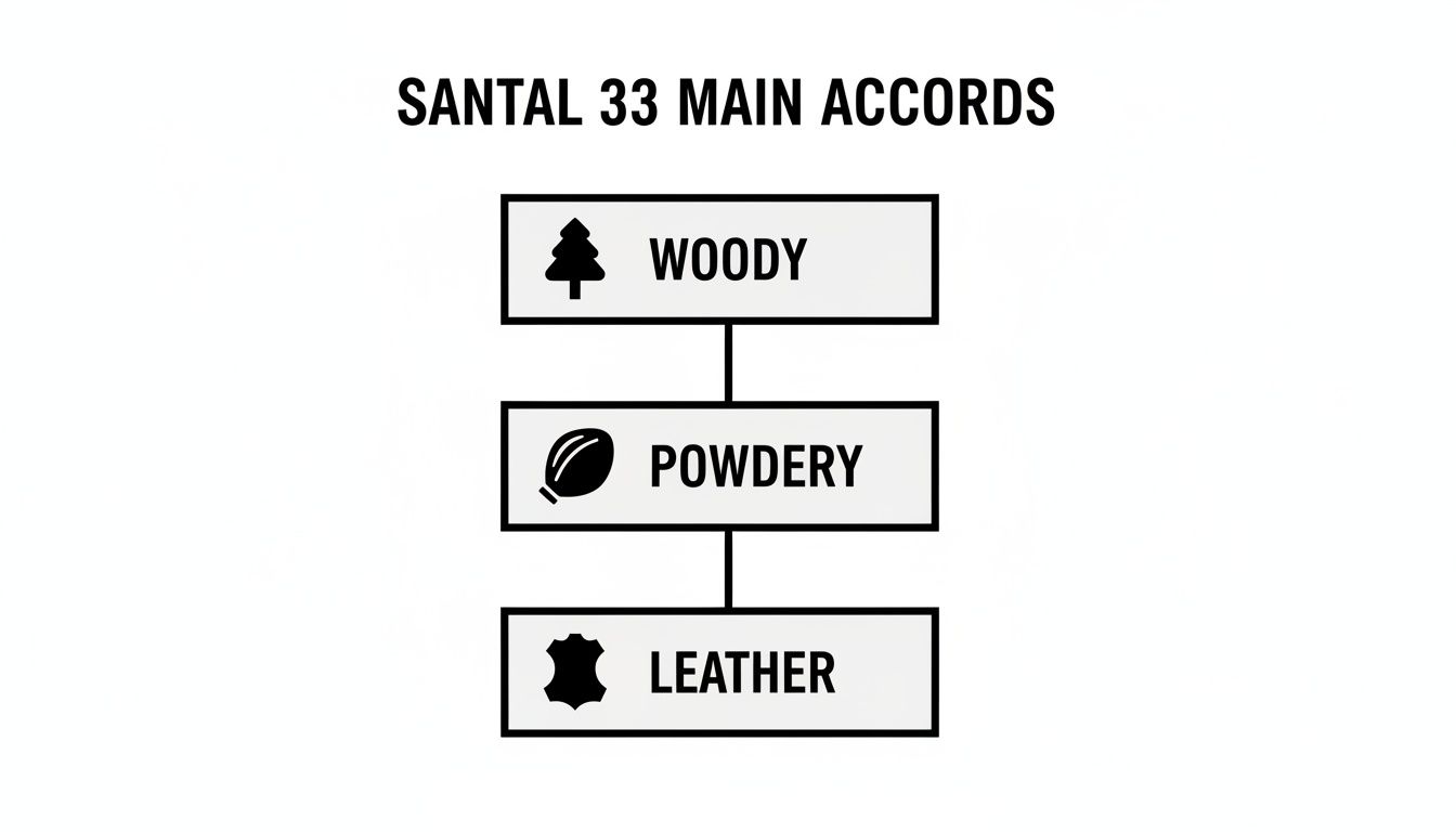 A diagram illustrating Santal 33's main fragrance accords: woody, powdery, and leather.