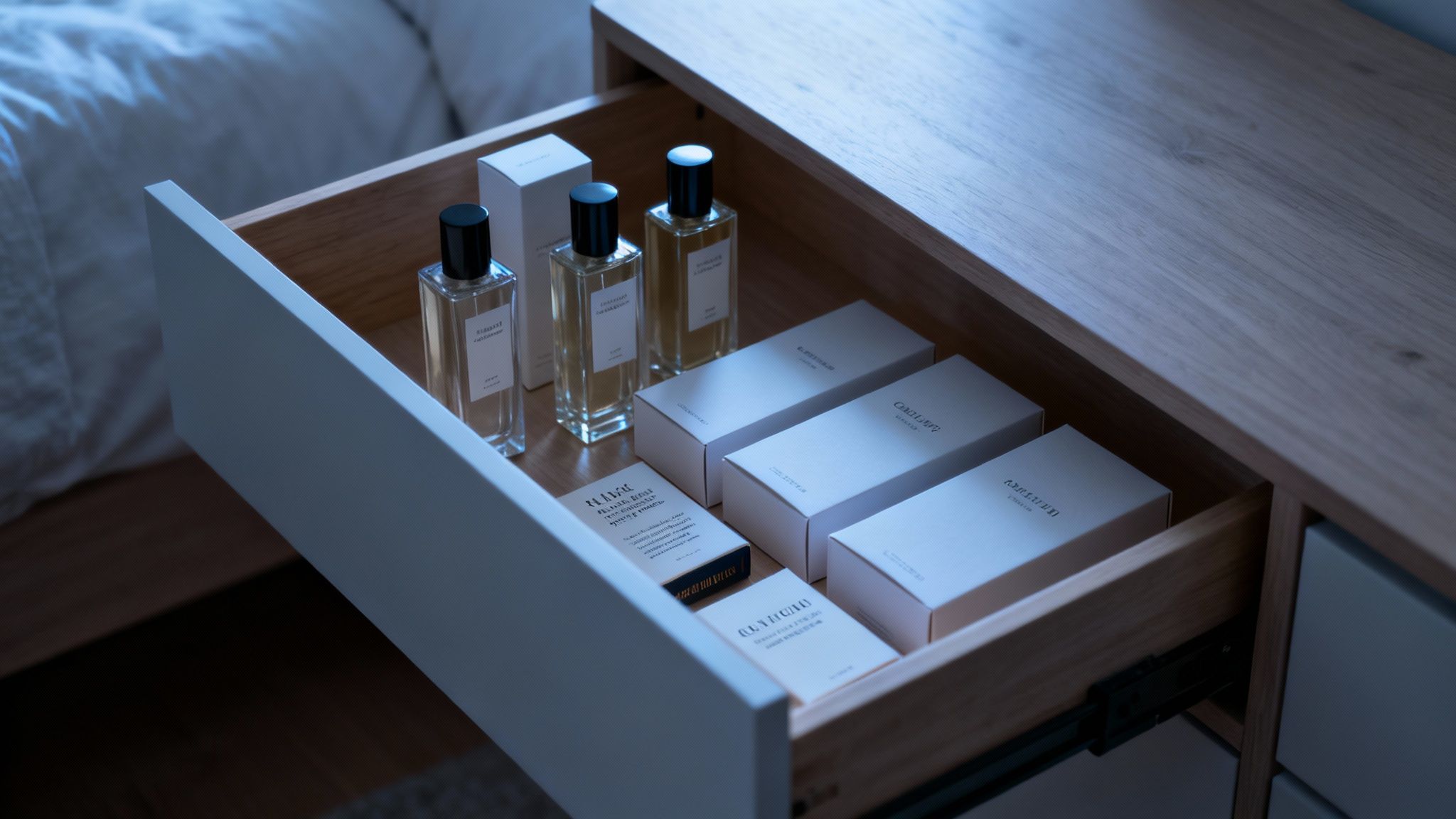 Neatly organized perfumes and beauty products in an open light wood drawer.