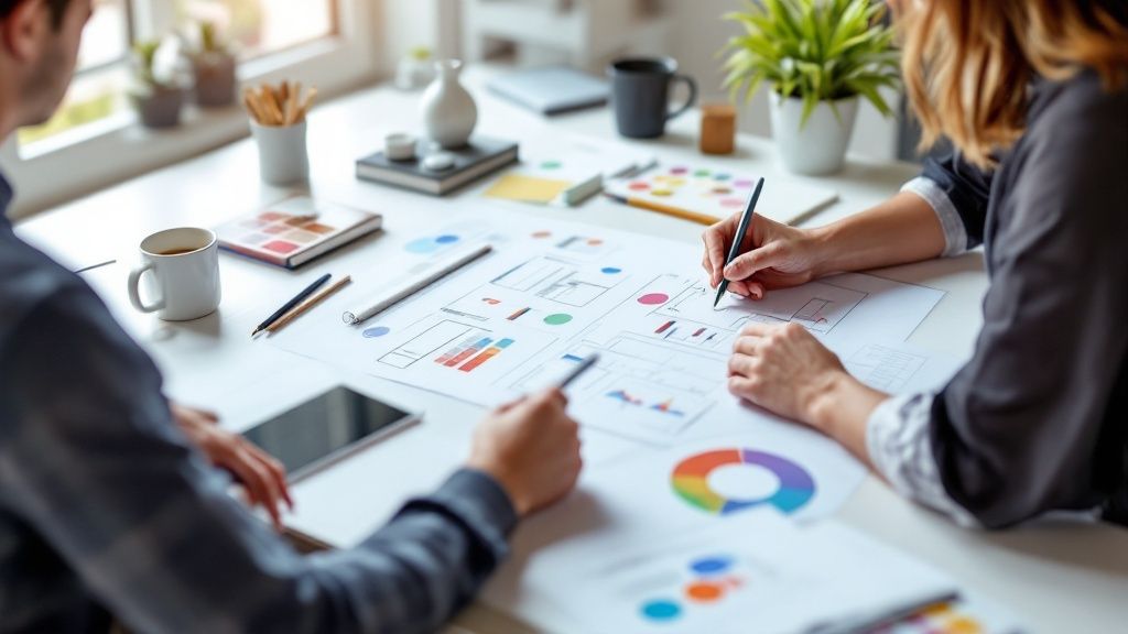 A team of web designers collaborating on a website layout on a large screen