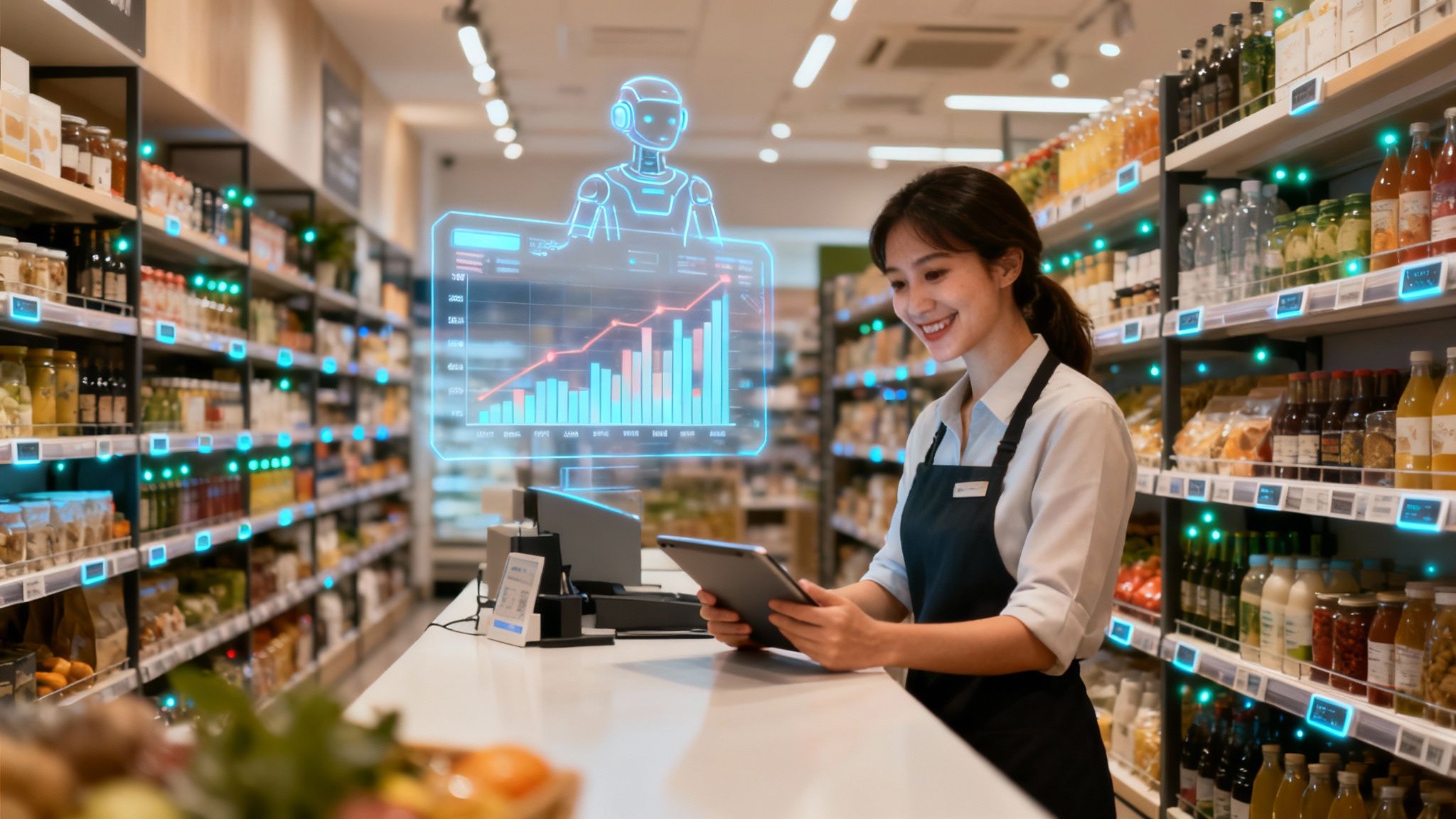 A futuristic retail store interface showing AI-driven sales predictions and automated inventory alerts.