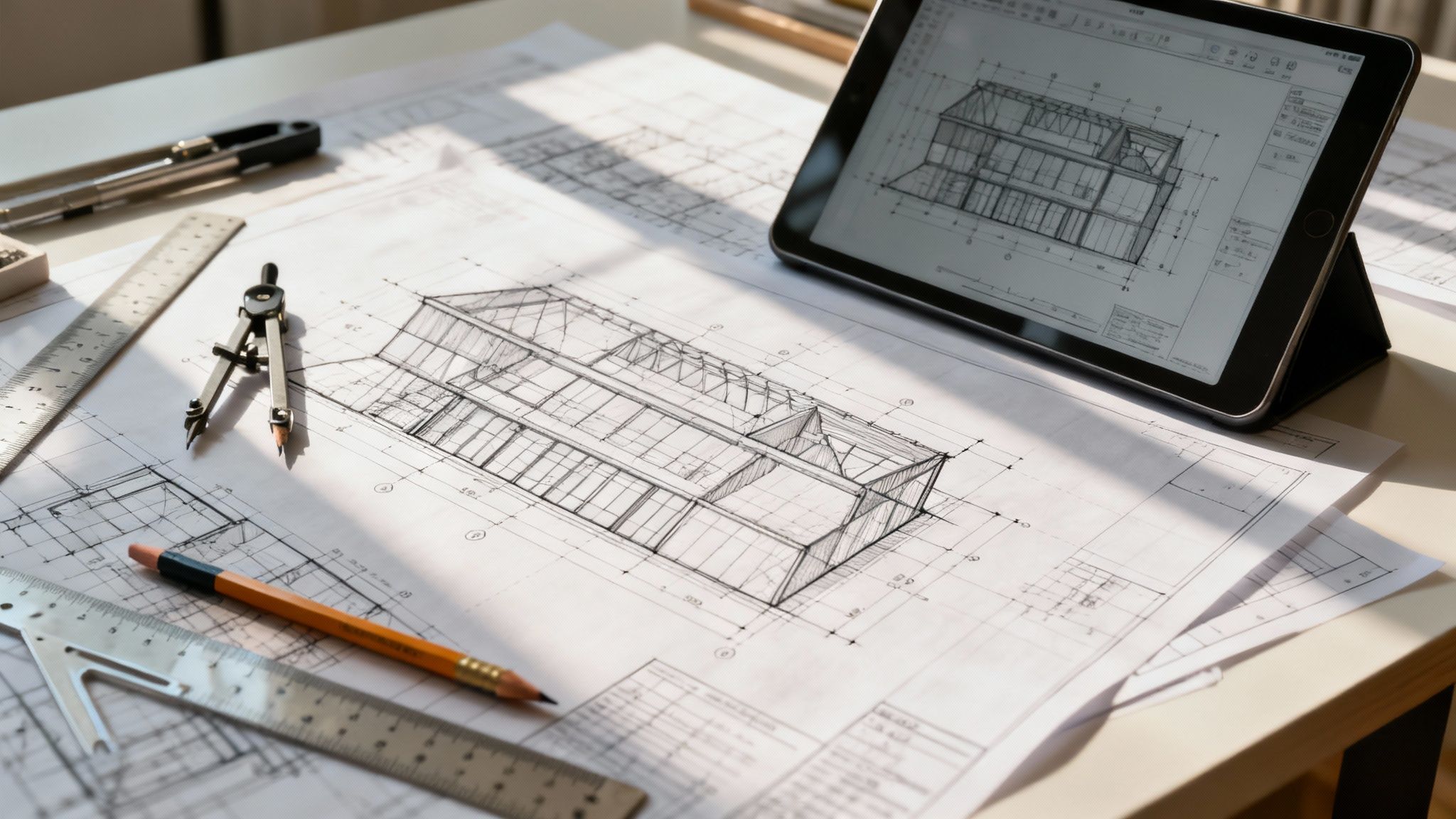 An architect reviewing detailed technical blueprints on a large desk.