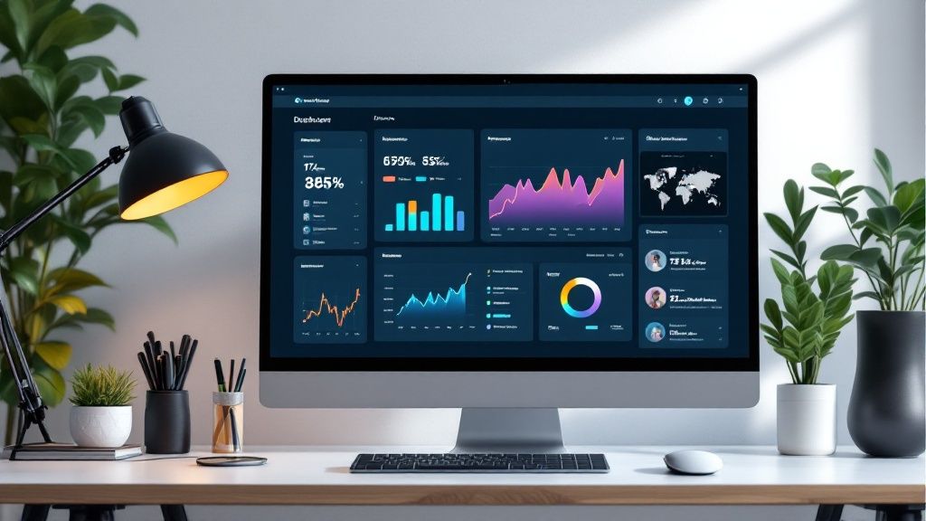 An example of a dashboard using strong visual hierarchy, with key metrics highlighted in large fonts and bright colours at the top.