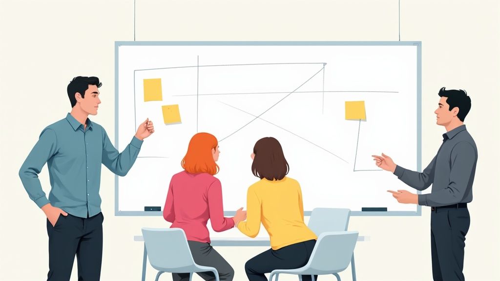 A team collaborating on a process map using sticky notes on a glass wall