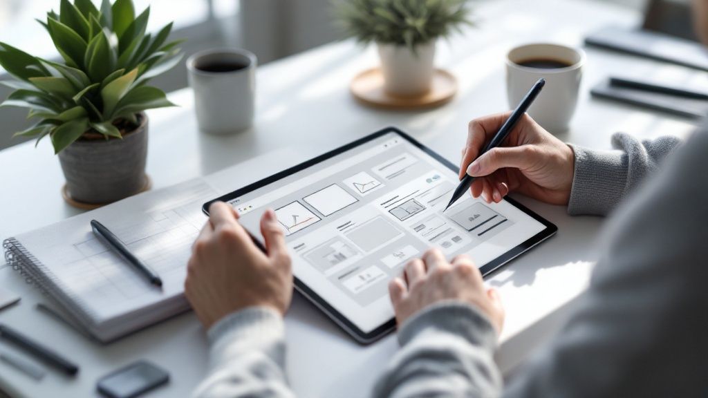 A person working on a laptop with charts and graphs related to business growth displayed on the screen