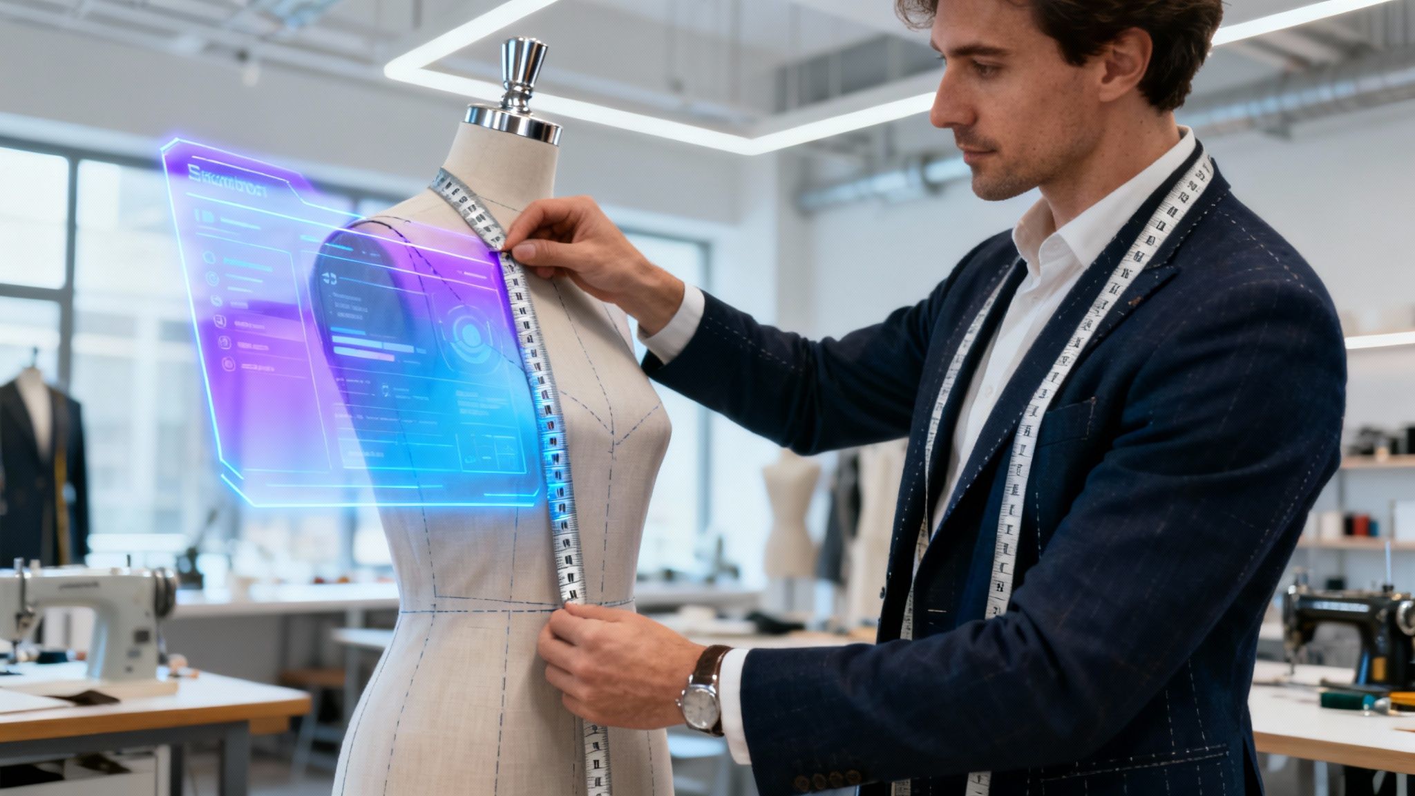 A person working on a laptop with code and design elements floating around, illustrating the creation of custom software.
