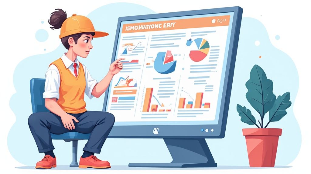 Business owner looking at a dashboard showing real-time business metrics, symbolizing the clarity an ERP provides.