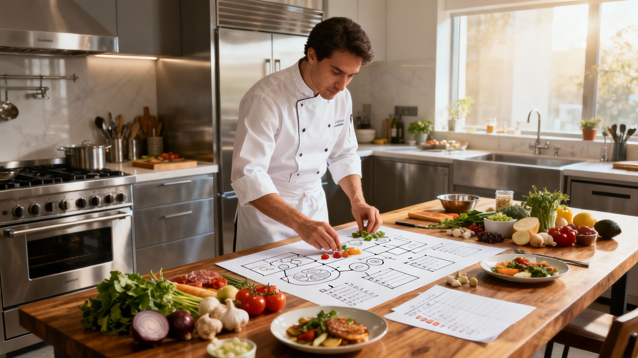 A team collaborating around a whiteboard with sticky notes during a planning session.