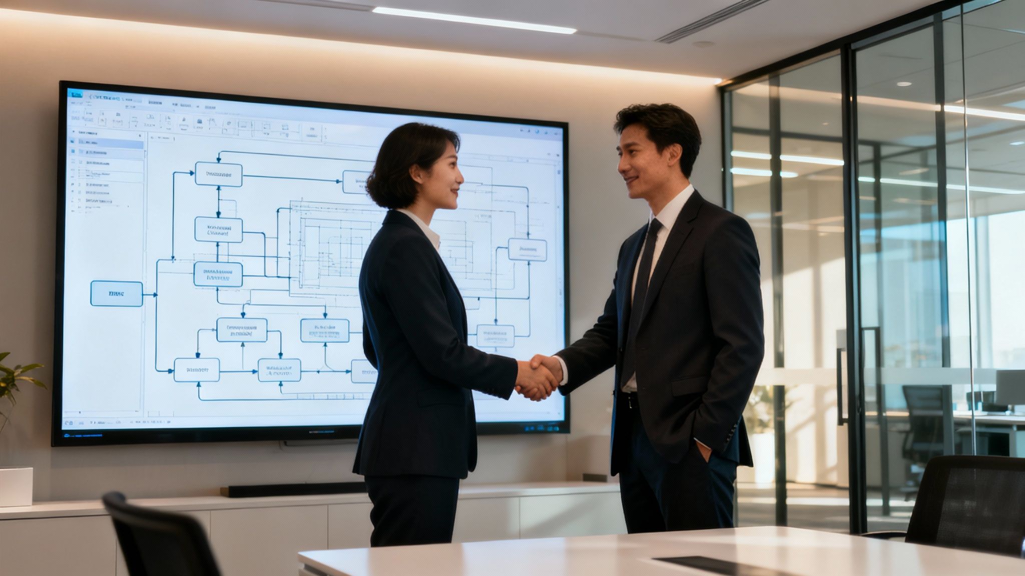 A team of diverse professionals gathered around a table, collaborating on a software project with laptops and sticky notes.