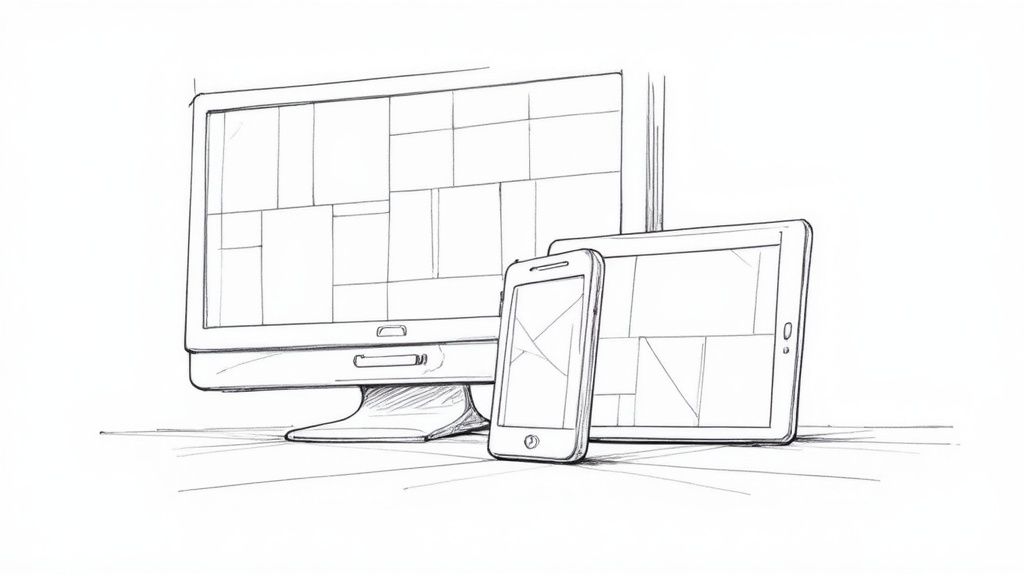 A designer looking at responsive layouts on a desktop, tablet, and smartphone simultaneously.