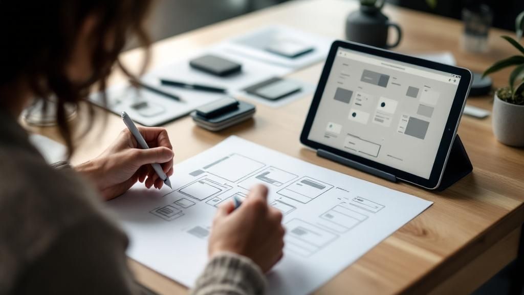 A group of people collaborating around a table, mapping out user journeys with colourful sticky notes and sketches.