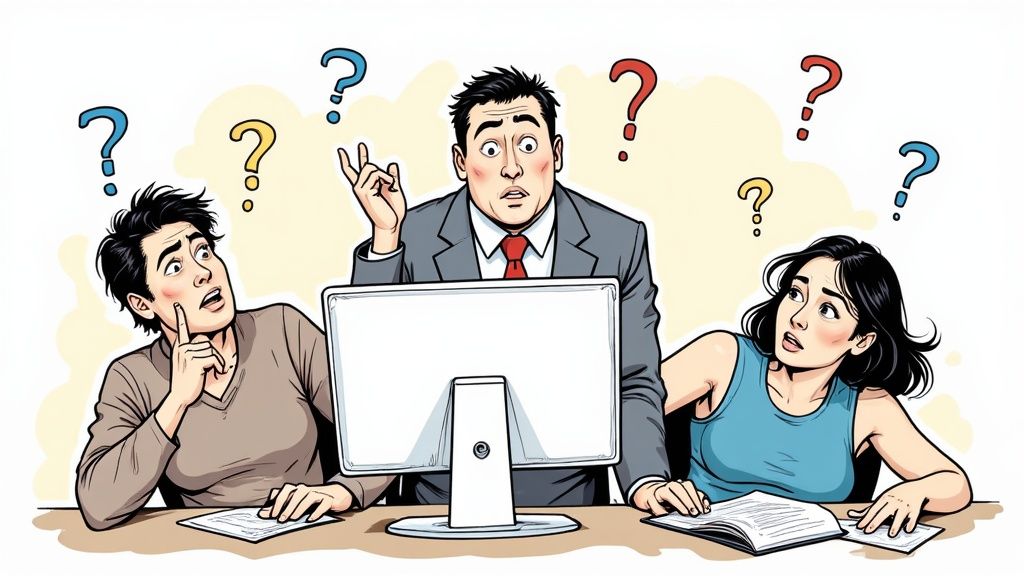 An image of a diverse group of professionals in a modern office, engaged in a collaborative discussion around a digital tablet, representing teamwork and change management in an ERP implementation.