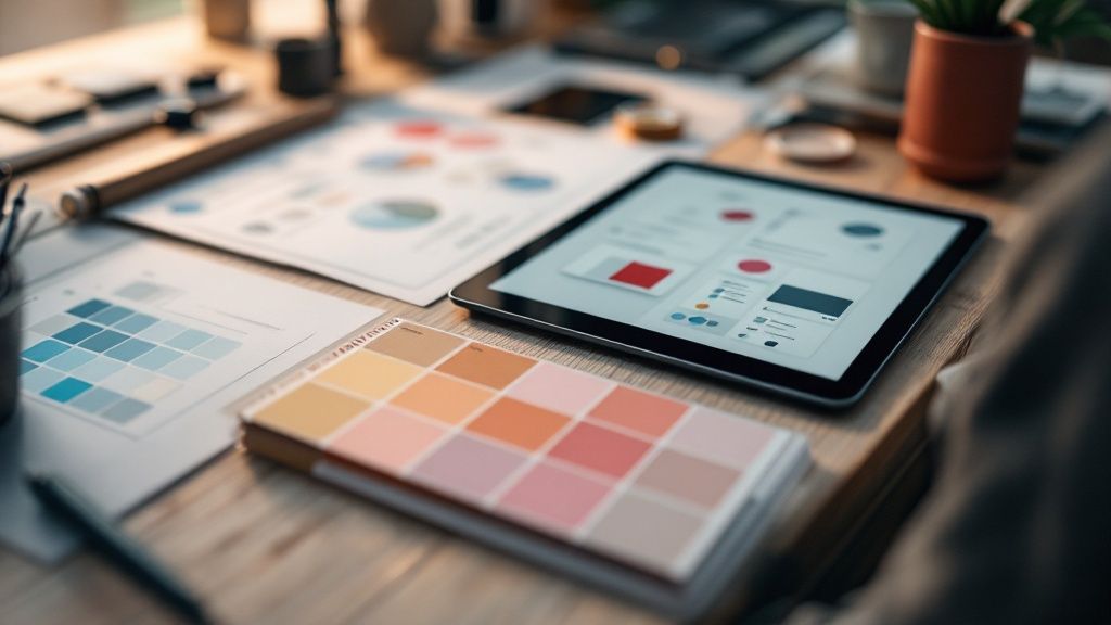 A modern office setting where a web design company team is collaborating on UI/UX designs displayed on a large screen.